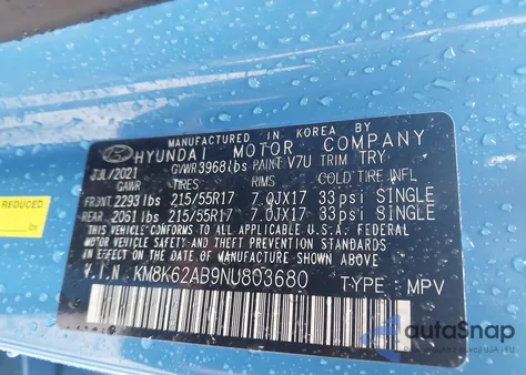 2022 Hyundai Kona Sel z USA, uszkodzony, nr VIN KM8K62AB9NU803680